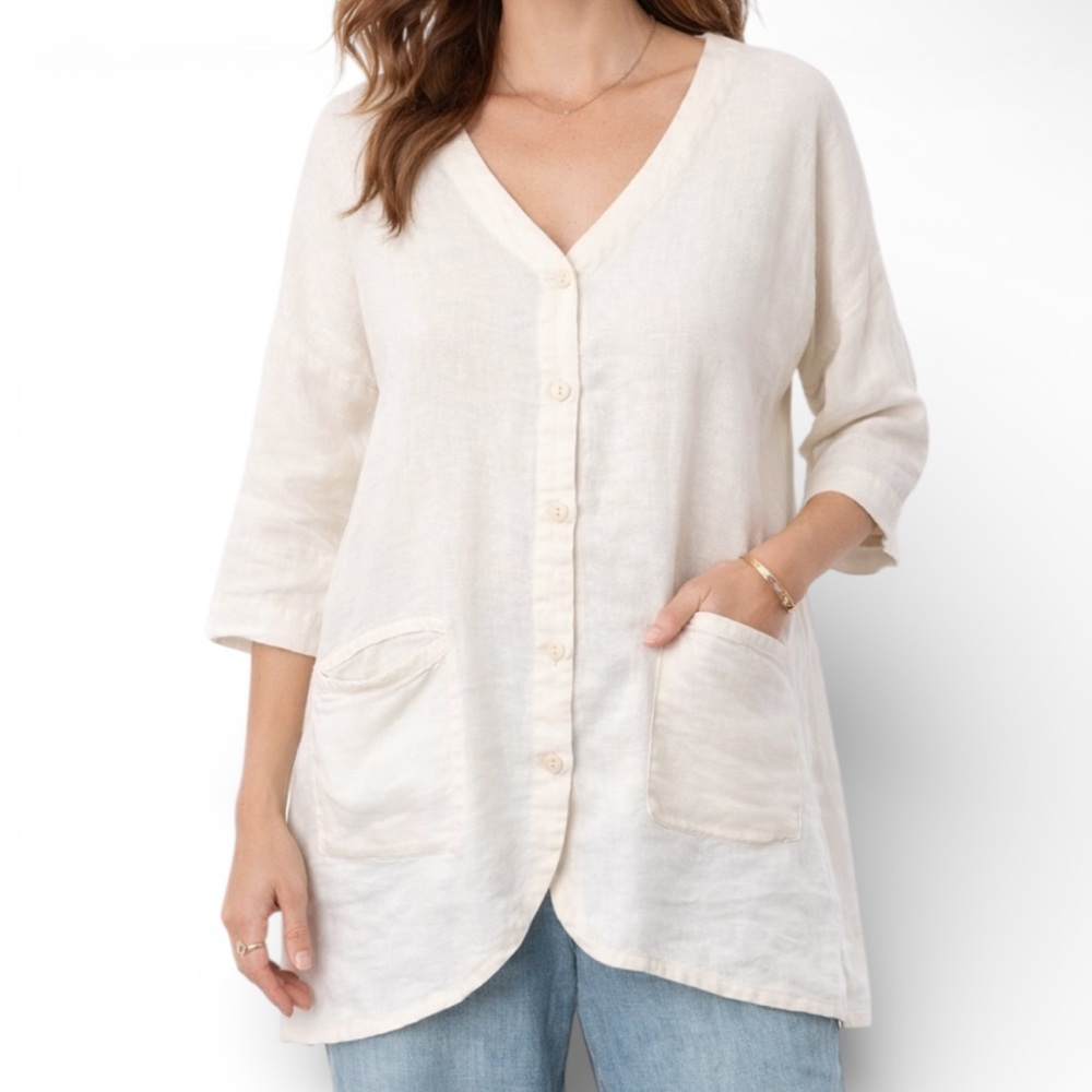 FLAX 100% Linen Oversized Button Down Tunic Shacket Lagenlook Euro Summer Size M
